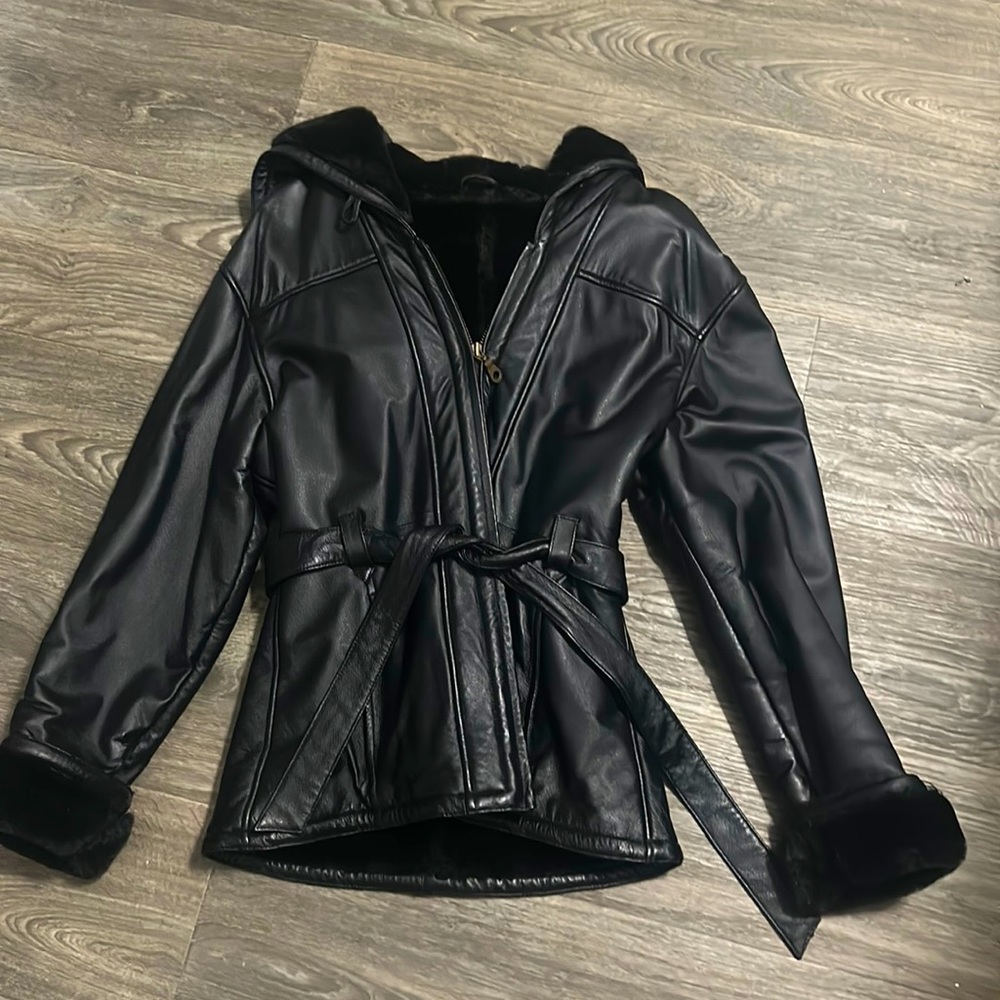 Leather coat with fur lining